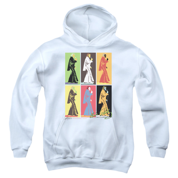 White youth hoodie for ages 8 to 12 with Elvis Presley Retro Boxes graphic