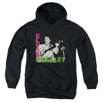 Black youth hoodie for ages 8 to 12 with Elvis Presley Album graphic