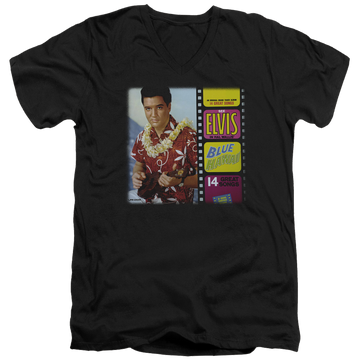 Black men's v-neck t-shirt with Elvis Presley Blue Hawaii Album graphic