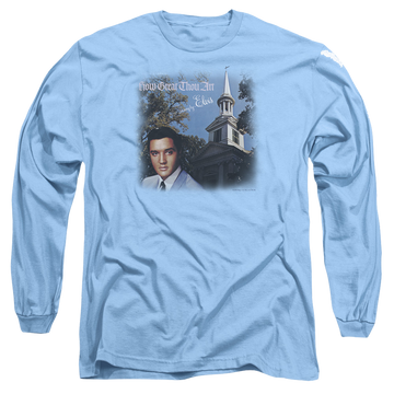 Carolina blue men's long sleeve t-shirt with Elvis Presley How Great Thou Art graphic