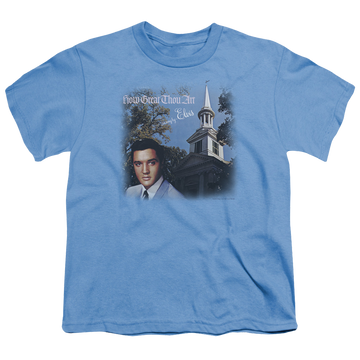 Carolina blue youth t-shirt for ages 8 to 12 with Elvis Presley How Great Thou Art graphic