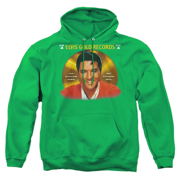 Kelly green pullover hoodie with Elvis Presley Gold Records graphic