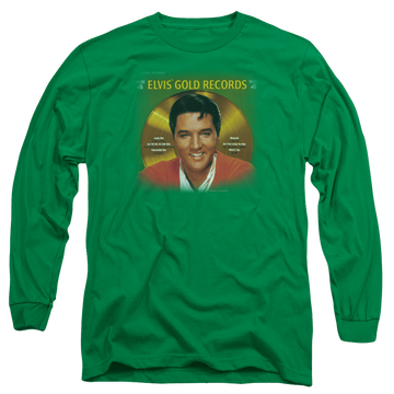 Kelly green men's long sleeve t-shirt with Elvis Presley Gold Records graphic