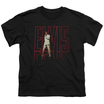 Black youth t-shirt for ages 8 to 12 with Elvis Presley Elvis 68 Album graphic