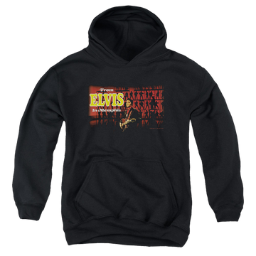 Black youth hoodie for ages 8 to 12 with Elvis Presley From Elvis In Memphis graphic