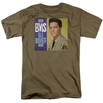 Safari green men's regular fit t-shirt with Elvis Presley G I Blues Album graphic