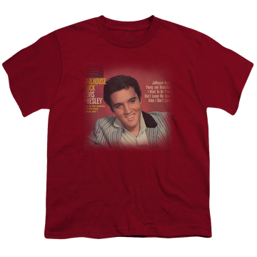 Red kid's t-shirt for ages 4 to 7 with Elvis Presley Jailhouse Rock 45 graphic