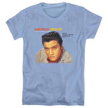 Carolina blue women's t-shirt with Elvis Presley Loving You Soundtrack graphic