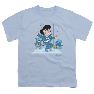 Light blue youth t-shirt for ages 8 to 12 with Elvis Presley Jailhouse Rocker graphic