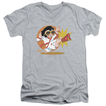 Athletic heather men's v-neck t-shirt with Elvis Presley Karate King graphic