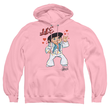 Pink pullover hoodie with Elvis Presley Lil E graphic