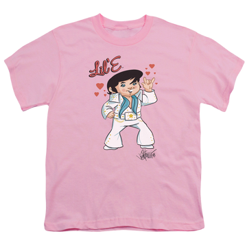 Pink youth t-shirt for ages 8 to 12 with Elvis Presley Lil E graphic