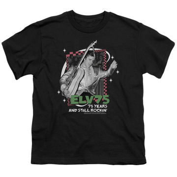 Black youth t-shirt for ages 8 to 12 with Elvis Presley Still Rockin graphic