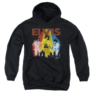 Black youth hoodie for ages 8 to 12 with Elvis Presley Vegas Remembered graphic