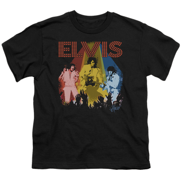 Black youth t-shirt for ages 8 to 12 with Elvis Presley Vegas Remembered graphic