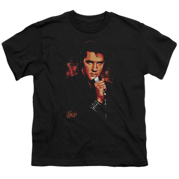 Black youth t-shirt for ages 8 to 12 with Elvis Presley Trouble graphic