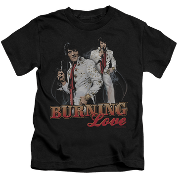 Black kid's t-shirt for ages 4 to 7 with Elvis Presley Burning Love graphic