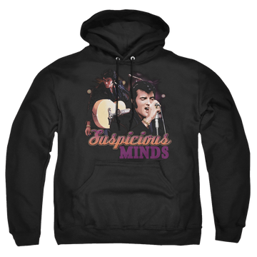 Black pullover hoodie with Elvis Presley Suspicious Minds graphic