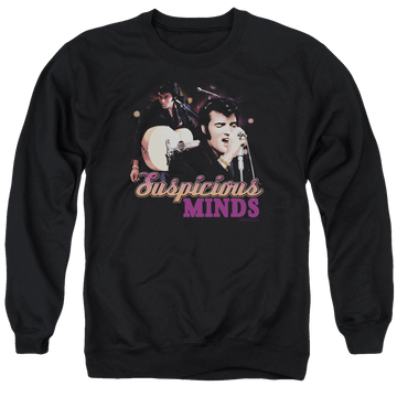 Black men's crewneck sweatshirt with Elvis Presley Suspicious Minds graphic