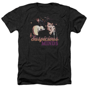 Charcoal men's heather t-shirt with Elvis Presley Suspicious Minds graphic