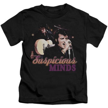 Black kid's t-shirt for ages 4 to 7 with Elvis Presley Suspicious Minds graphic