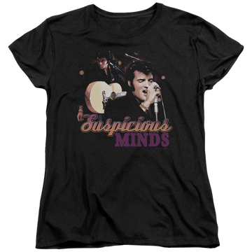 Black women's t-shirt with Elvis Presley Suspicious Minds graphic