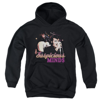Black youth hoodie for ages 8 to 12 with Elvis Presley Suspicious Minds graphic
