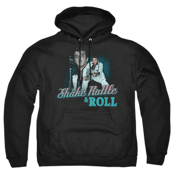 Black pullover hoodie with Elvis Presley Shake Rattle & Roll graphic