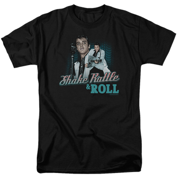 Black men's regular fit t-shirt with Elvis Presley Shake Rattle & Roll graphic