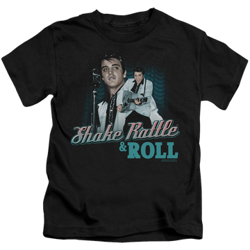 Black kid's t-shirt for ages 4 to 7 with Elvis Presley Shake Rattle & Roll graphic