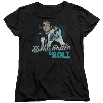 Black women's t-shirt with Elvis Presley Shake Rattle & Roll graphic