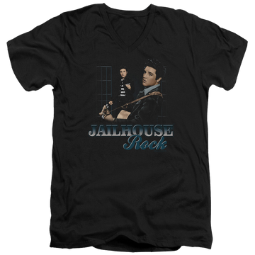 Black men's v-neck t-shirt with Elvis Presley Jailhouse Rock graphic