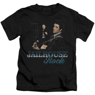 Black kid's t-shirt for ages 4 to 7 with Elvis Presley Jailhouse Rock graphic