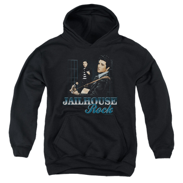 Black youth hoodie for ages 8 to 12 with Elvis Presley Jailhouse Rock graphic