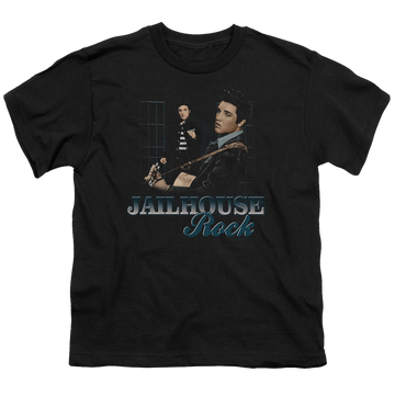 Black youth t-shirt for ages 8 to 12 with Elvis Presley Jailhouse Rock graphic
