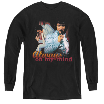 Black youth long sleeve t-shirt with Elvis Presley Always On My Mind graphic