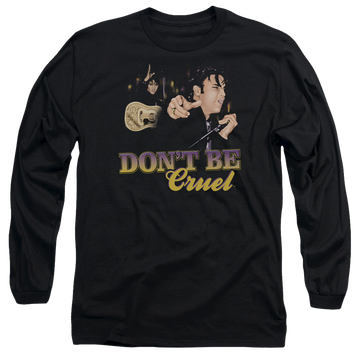 Black men's long sleeve t-shirt with Elvis Presley Dont Be Cruel graphic