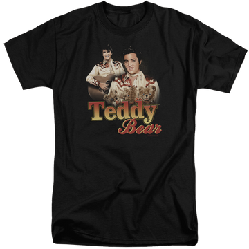 Black men's tall fit t-shirt with Elvis Presley Teddy Bear graphic