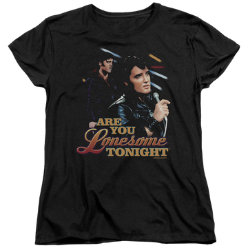 Black women's t-shirt with Elvis Presley Are You Lonesome graphic