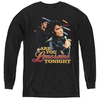 Black youth long sleeve t-shirt with Elvis Presley Are You Lonesome graphic