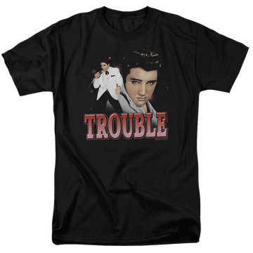 Black men's regular fit t-shirt with Elvis Presley Trouble graphic