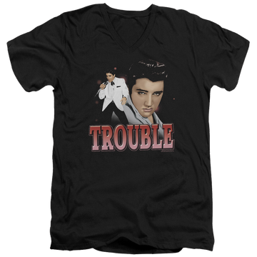 Black men's v-neck t-shirt with Elvis Presley Trouble graphic
