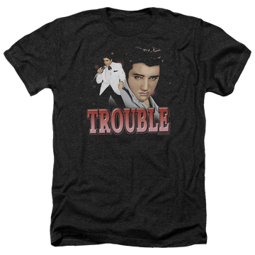 Charcoal men's heather t-shirt with Elvis Presley Trouble graphic
