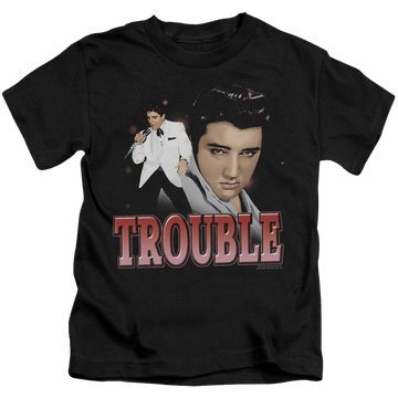 Black kid's t-shirt for ages 4 to 7 with Elvis Presley Trouble graphic