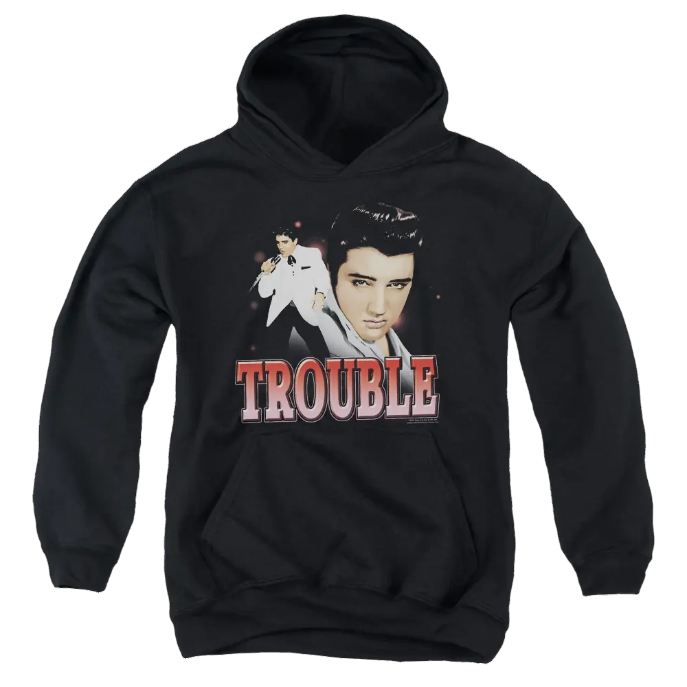 Black youth hoodie featuring colored graphic of Elvis Presley and the word "TROUBLE" in bold red letters.