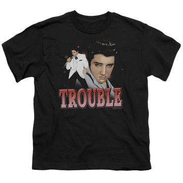 Black youth t-shirt for ages 8 to 12 with Elvis Presley Trouble graphic