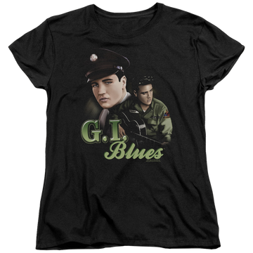 Black women's t-shirt with Elvis Presley G I Blues graphic