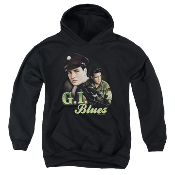 Black youth hoodie for ages 8 to 12 with Elvis Presley G I Blues graphic