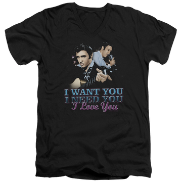 Black men's v-neck t-shirt with Elvis Presley I Want You graphic