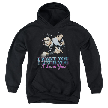 Black youth hoodie for ages 8 to 12 with Elvis Presley I Want You graphic